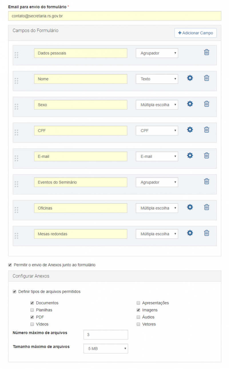 Criando os campos do formulário e definindo os limites para upload de arquivos